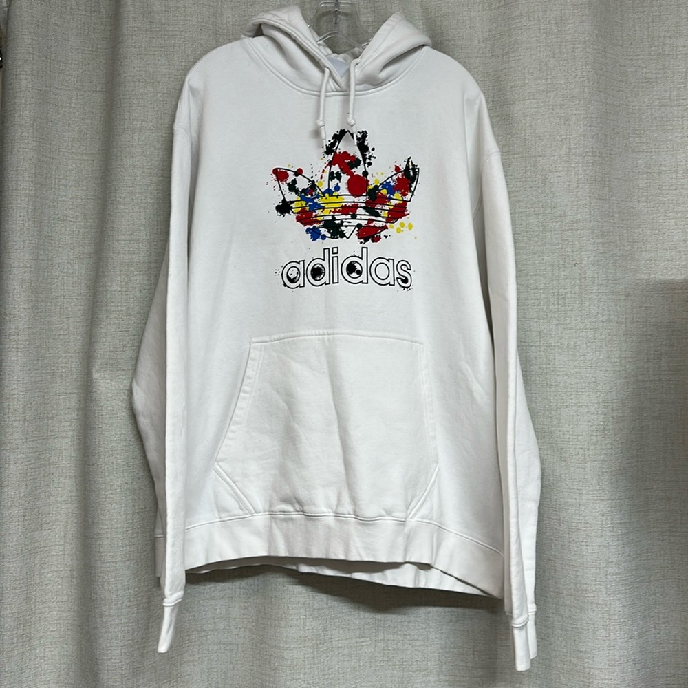 ADIDAS white colorful paint spatter Logo pullover thick  hoodie sweatshirt top